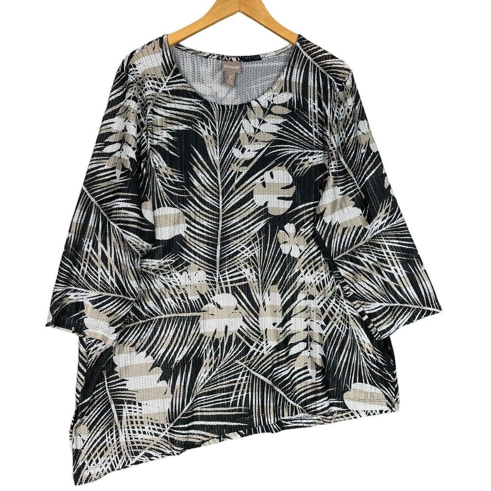 Chico’s Womens Tunic Blouse 3 (XL/16) Black White Leaf Print Asym Hem 3/4 Sleeve